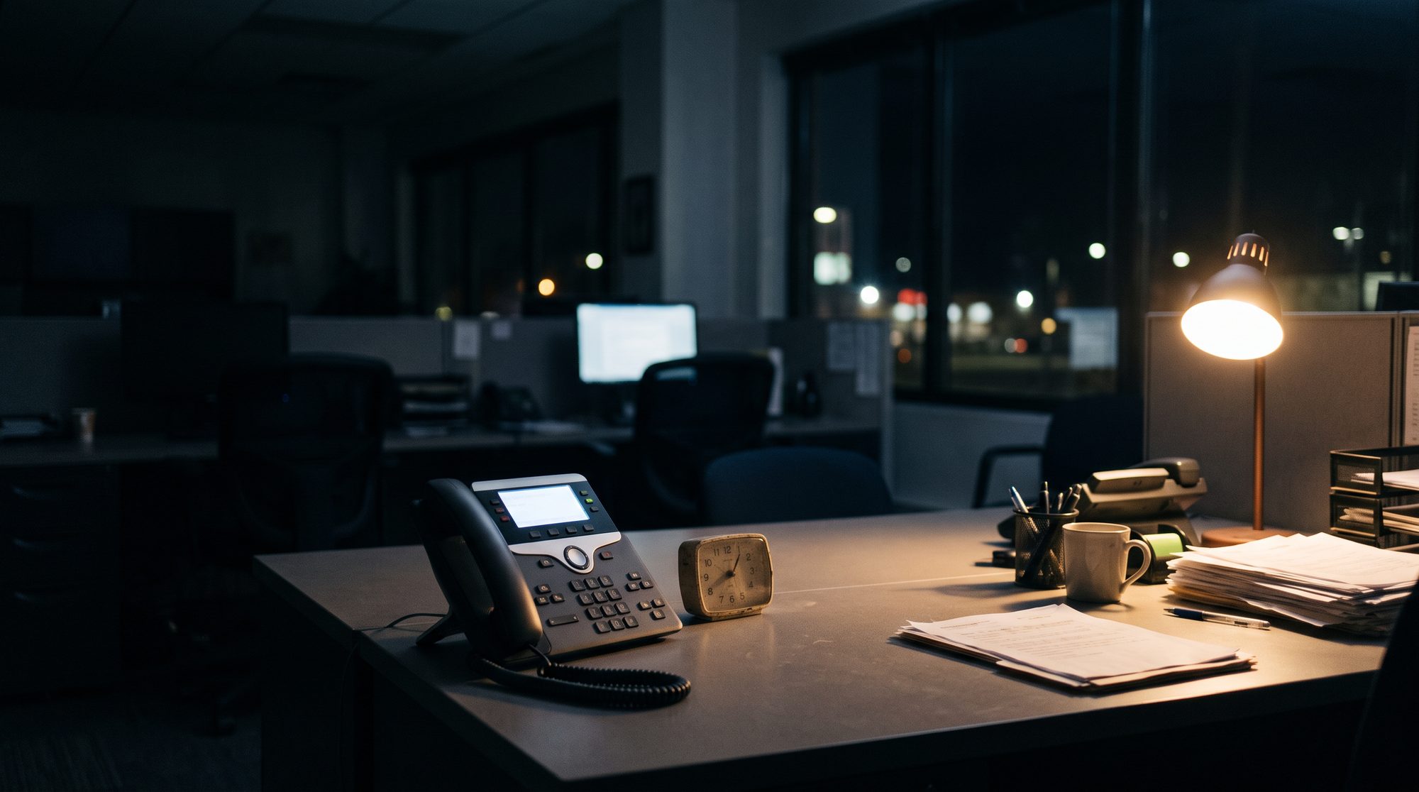 A lit office desk phone beside a clock after dark