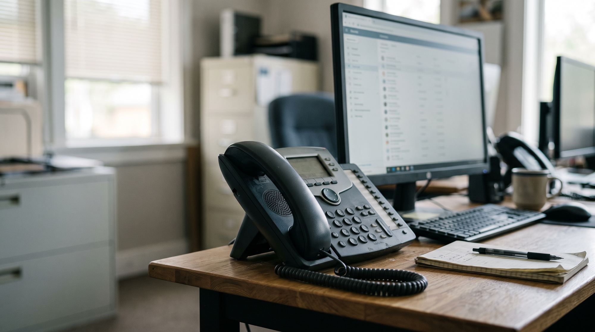 A business desk phone beside a computer monitor in a bright office