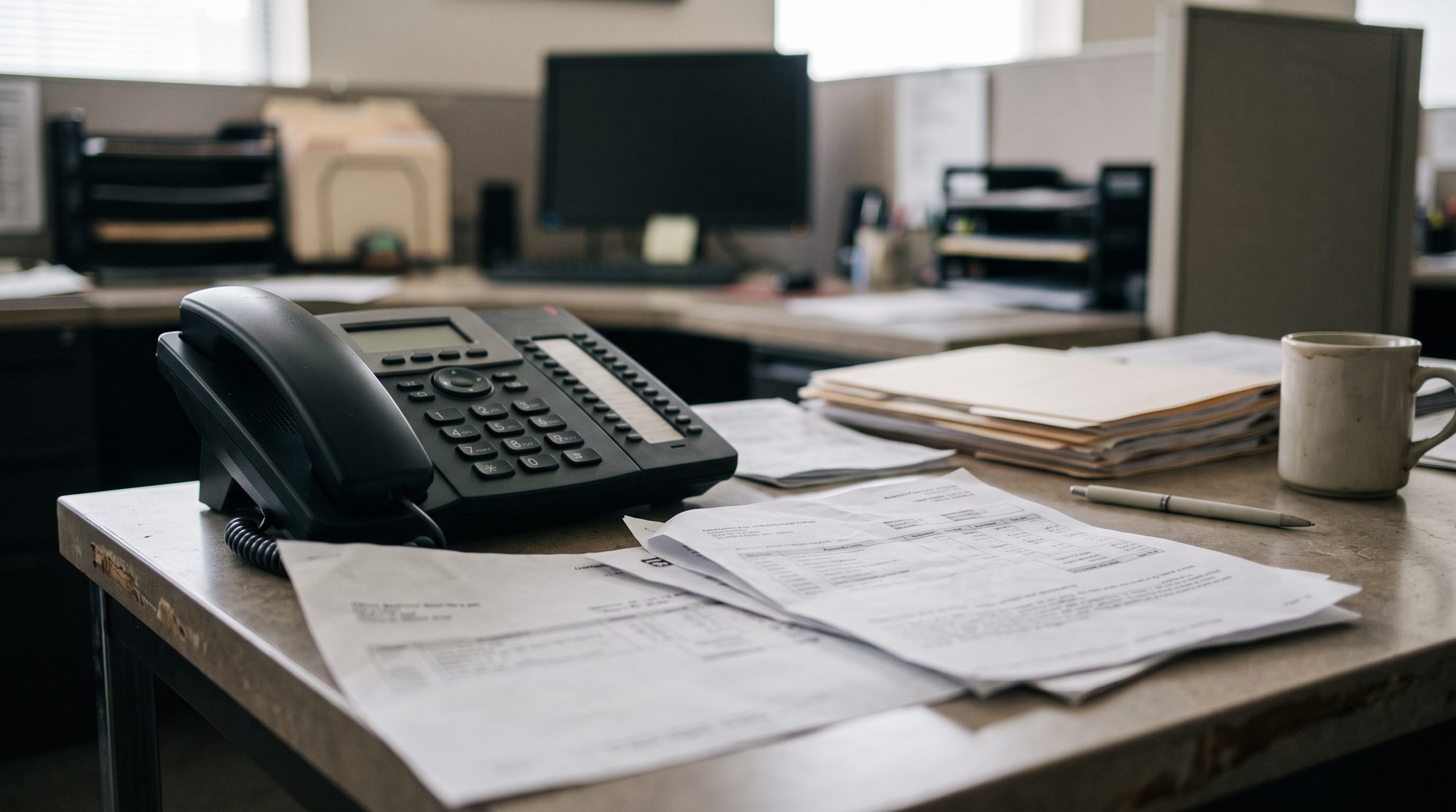 A desk phone beside paperwork on an office desk