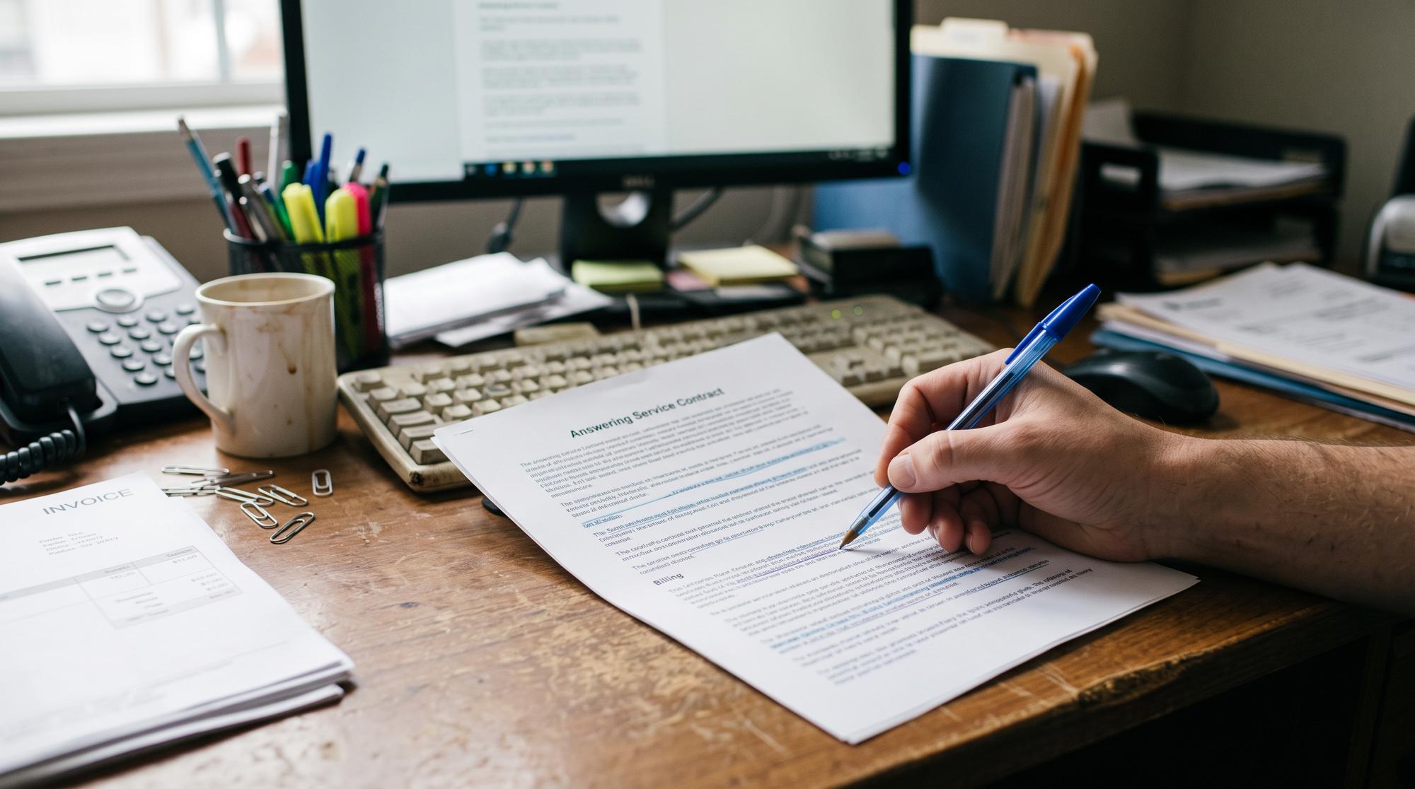 A person writing on a document beside an office desk phone