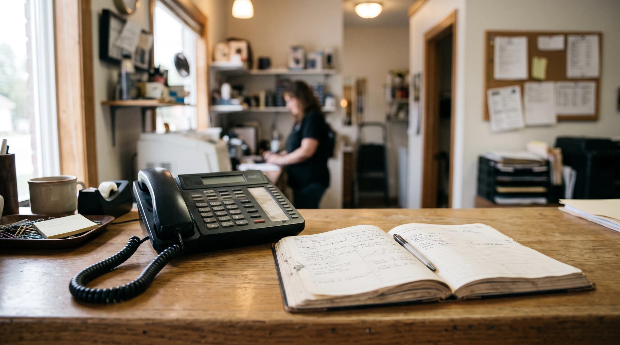 A desk phone and an open appointment book on the front counter of a small shop