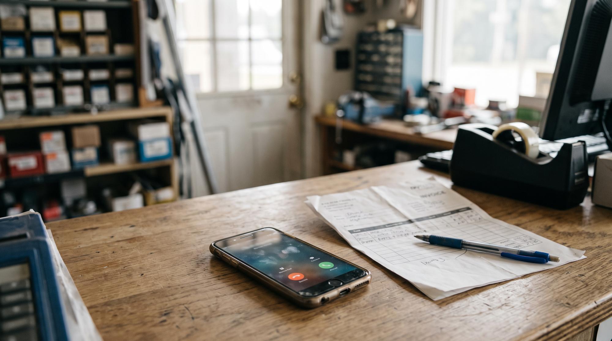 A mobile phone beside papers on a small business counter