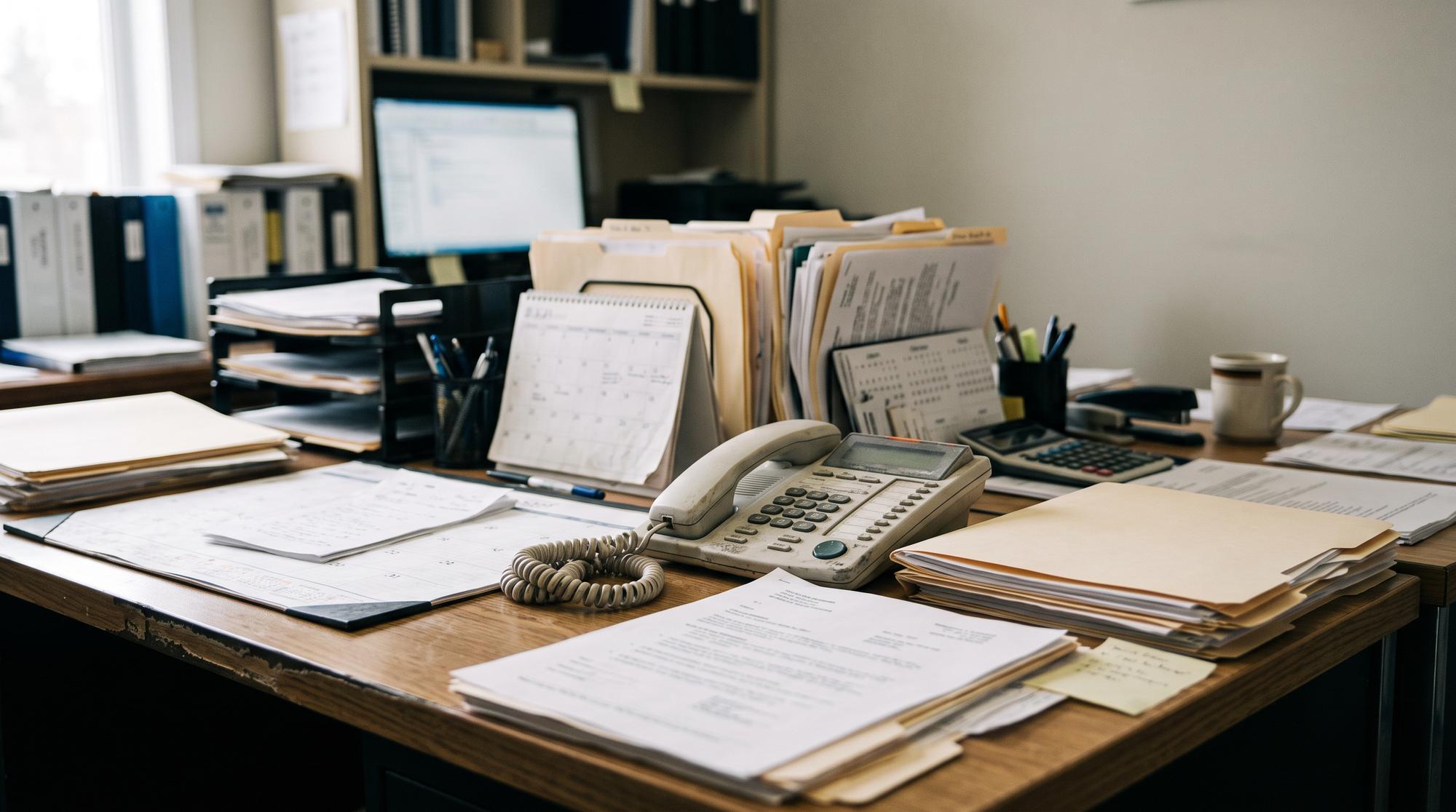 An accounting office desk with a telephone, calendar and paper files