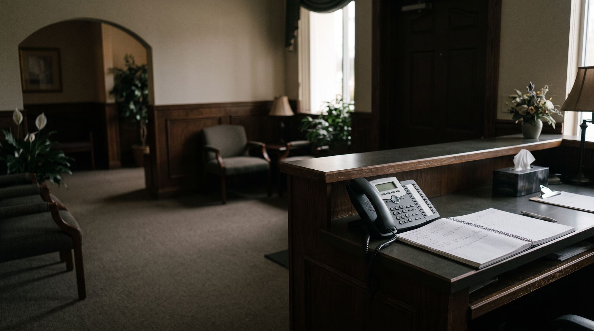 A quiet funeral home reception desk with a telephone and appointment book
