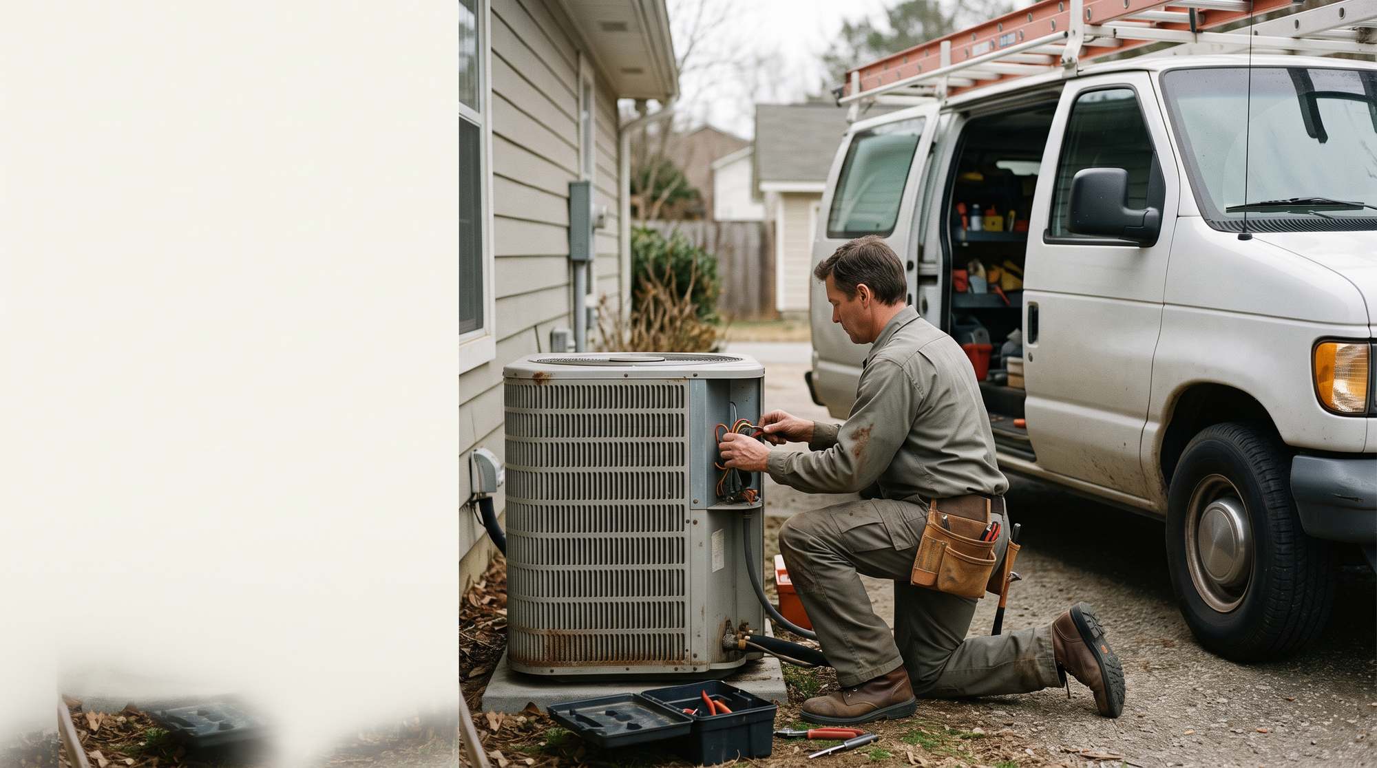 An HVAC technician checking an outdoor air conditioning unit beside a service van