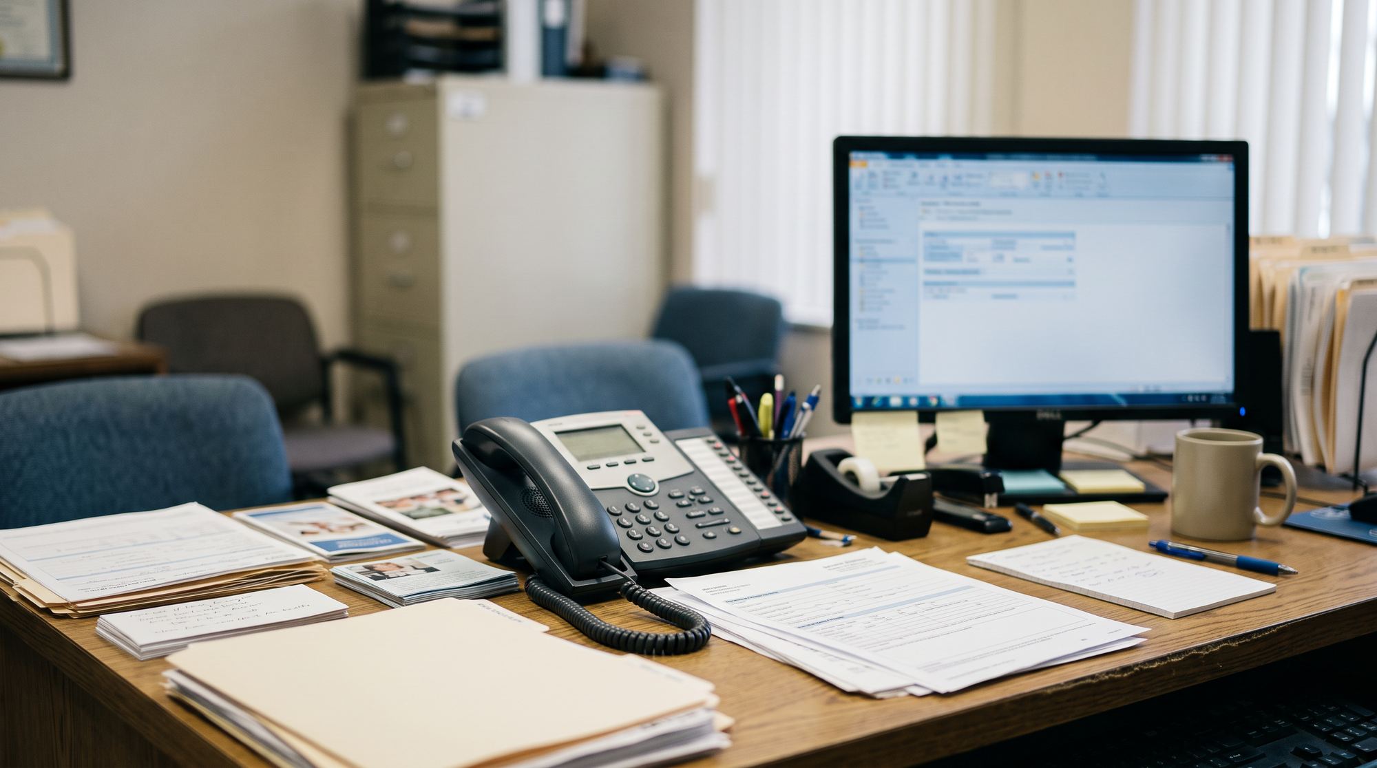 An insurance agency desk with a telephone, paper forms and a computer monitor