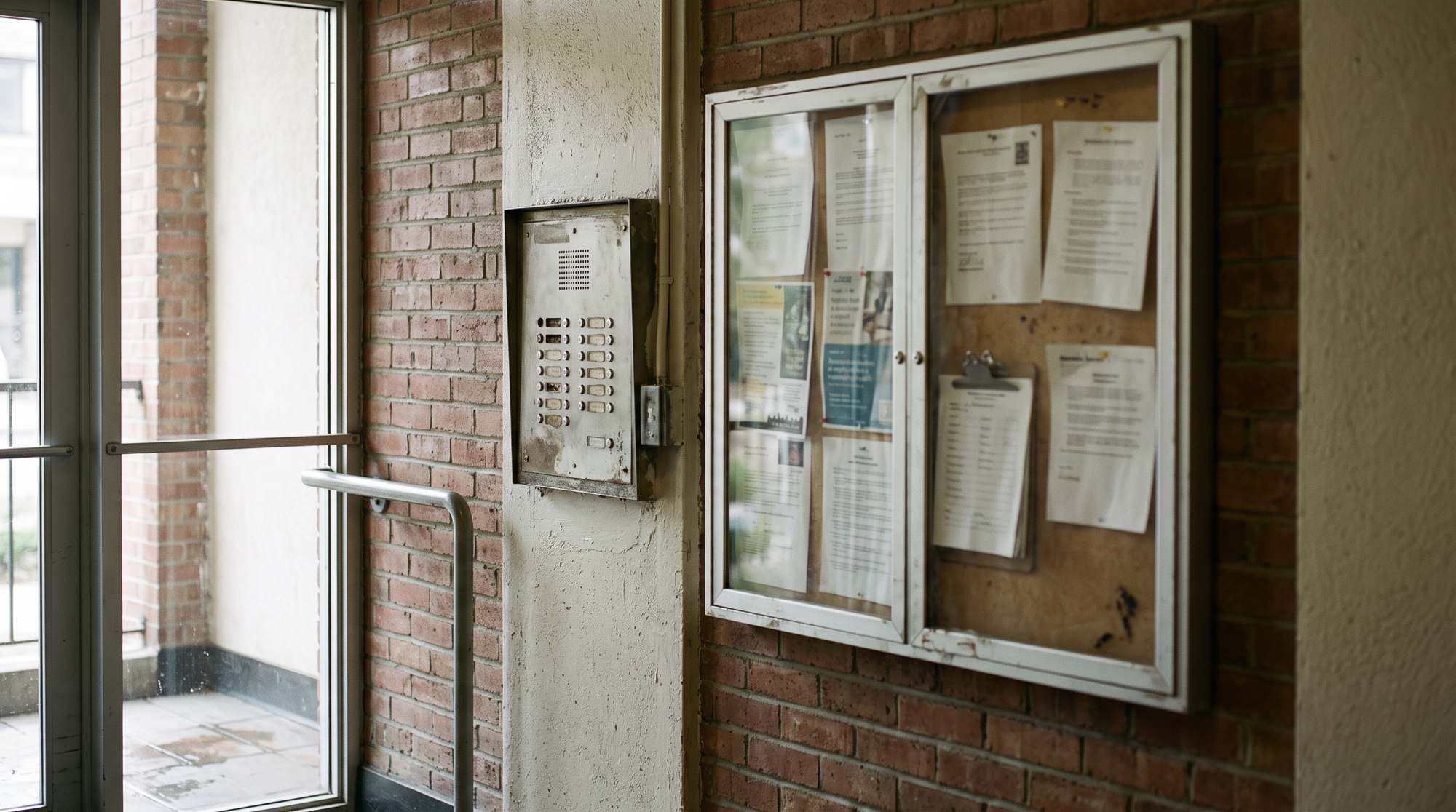 Apartment building entrance with an intercom and a property management notice board