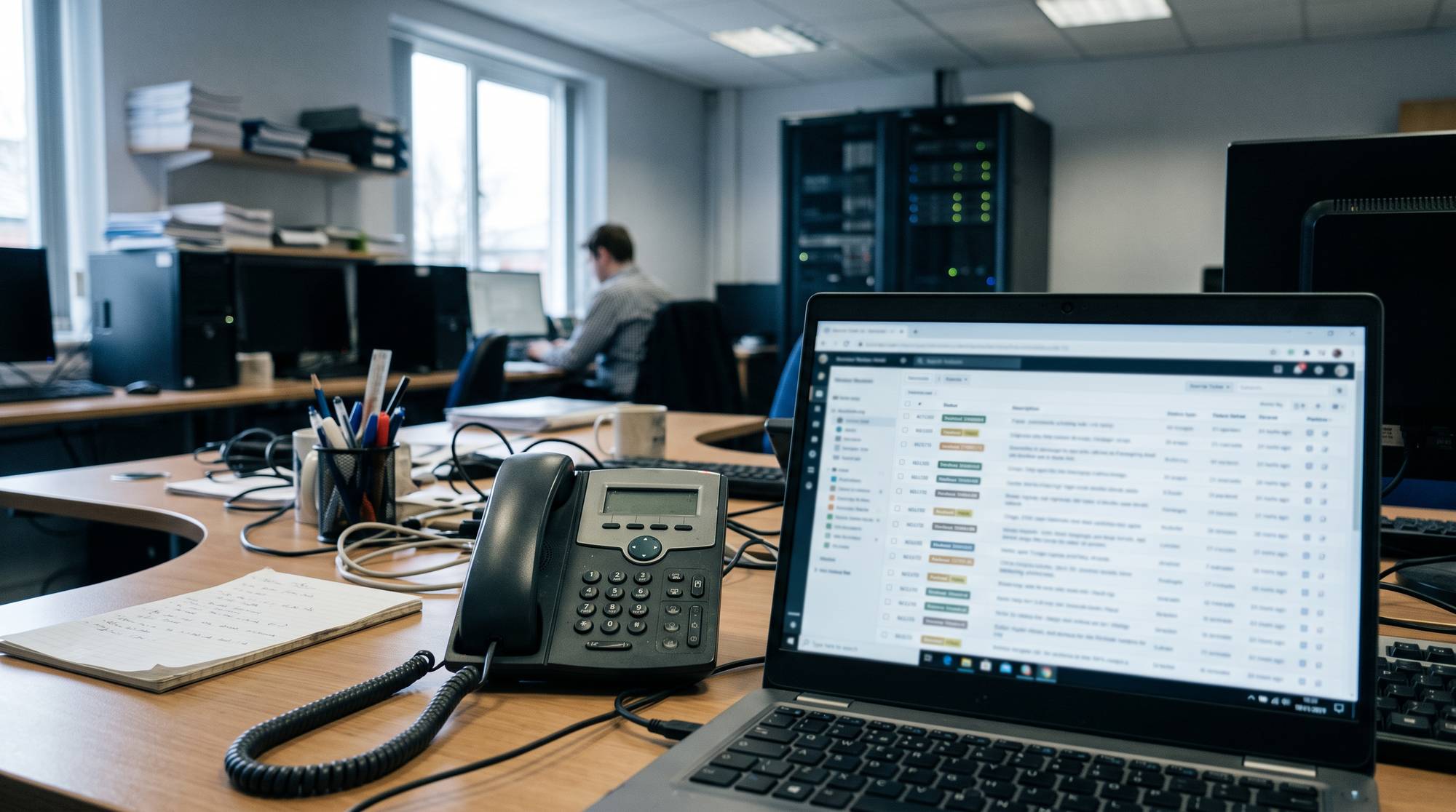 A desk phone beside a laptop in an IT office