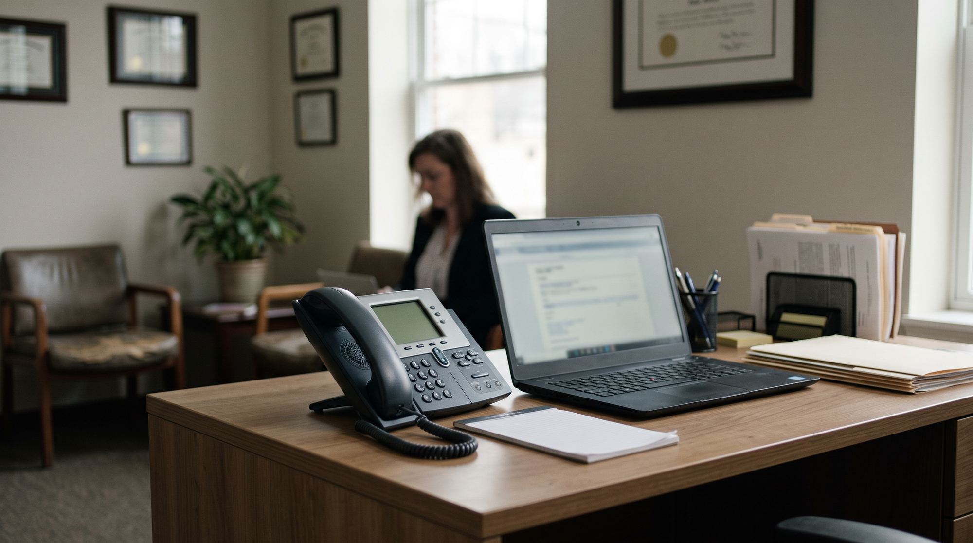 A law office front desk with a desk phone beside a laptop