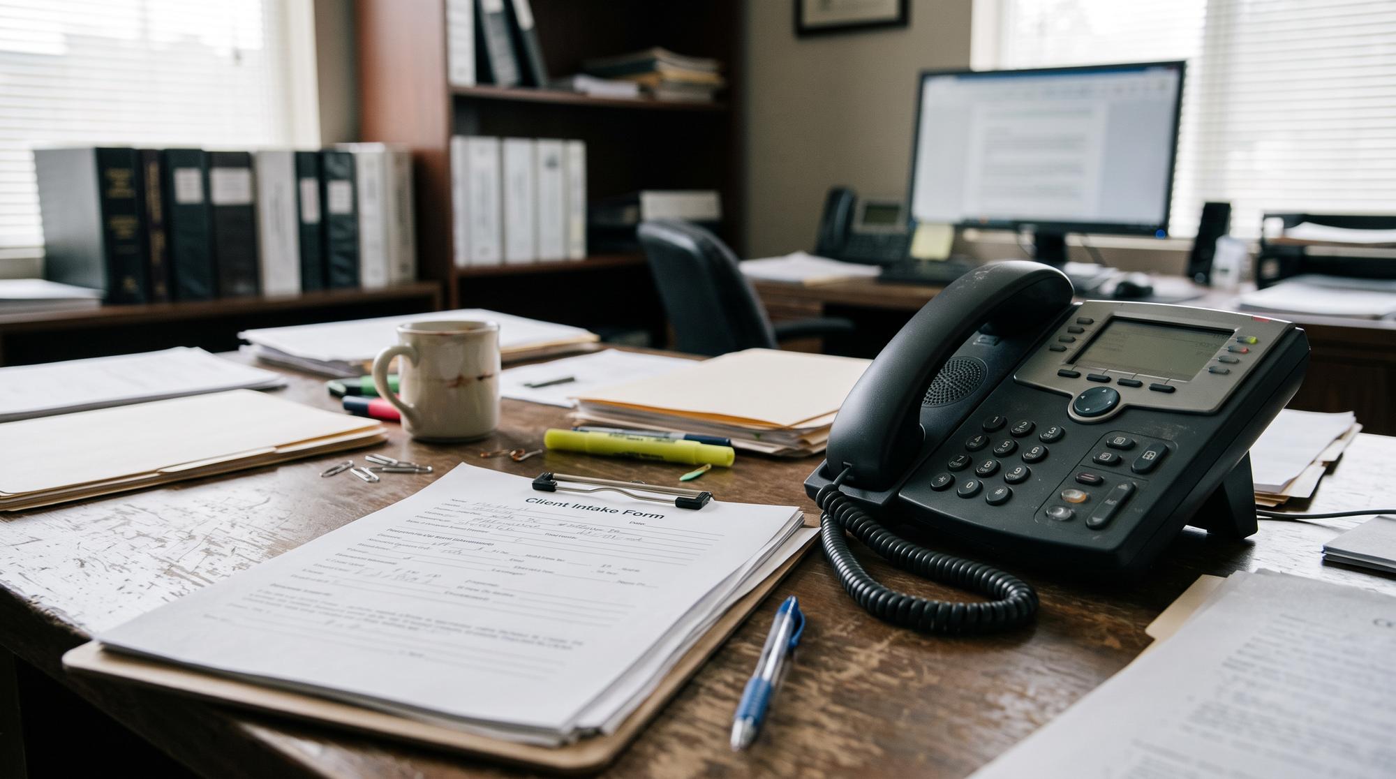 A client intake form beside a phone on a law office desk