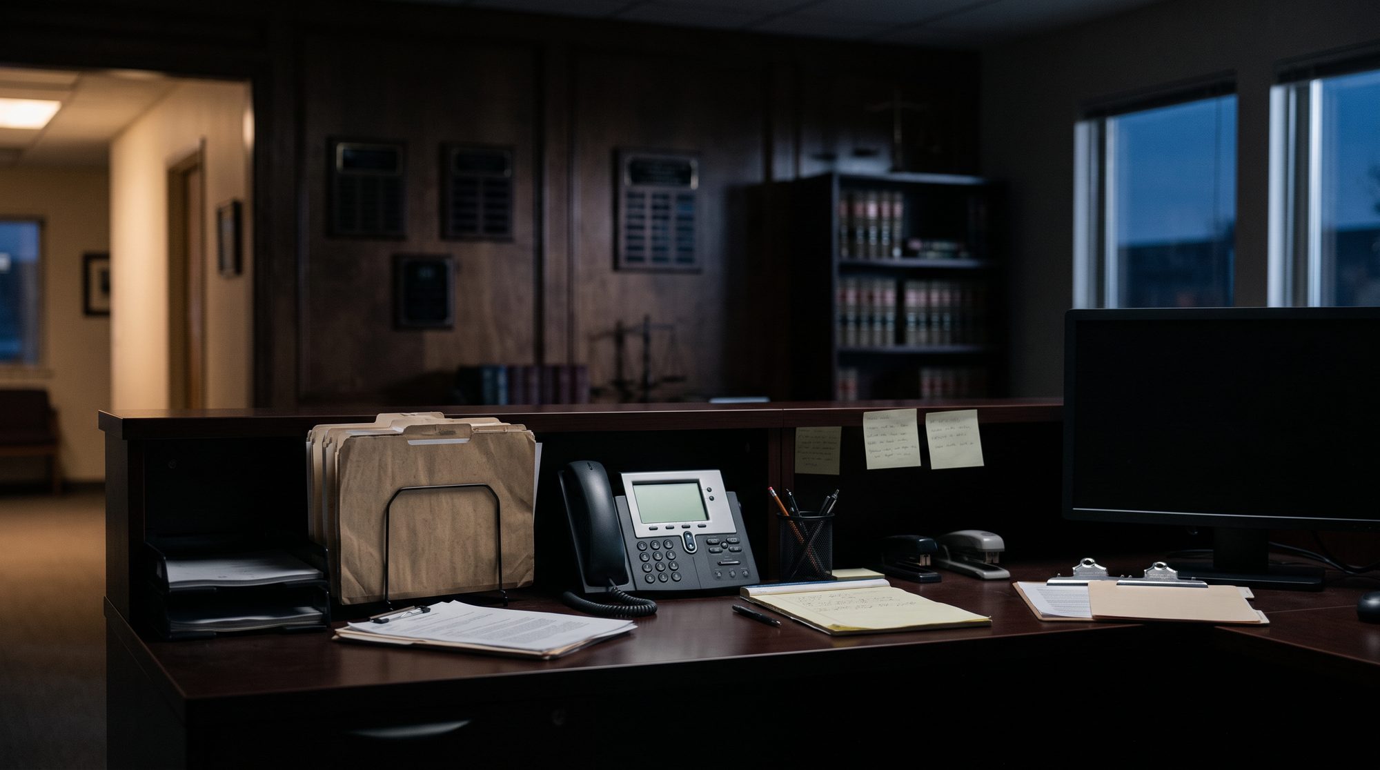 A law office reception desk with a desk phone, photographed after hours with the lights dimmed