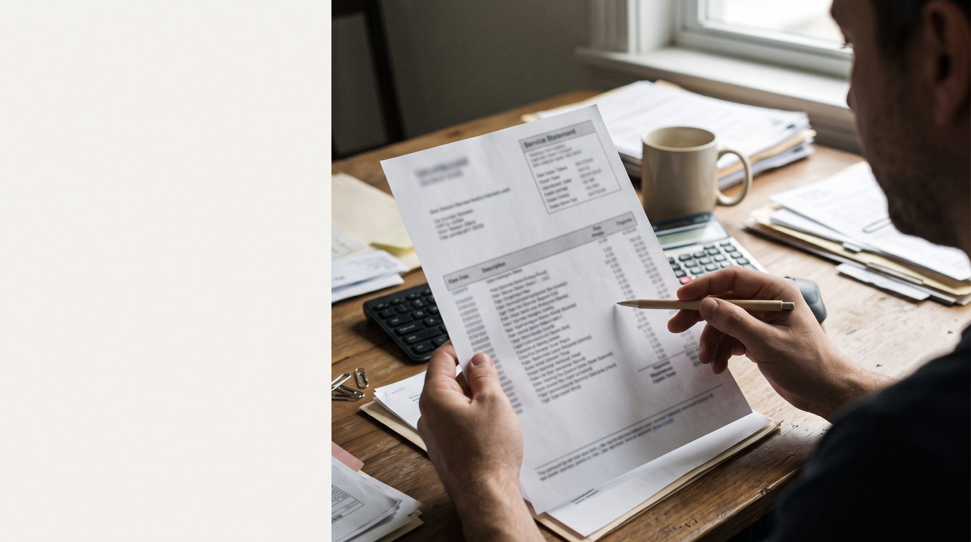 A person reviewing a printed invoice at a desk