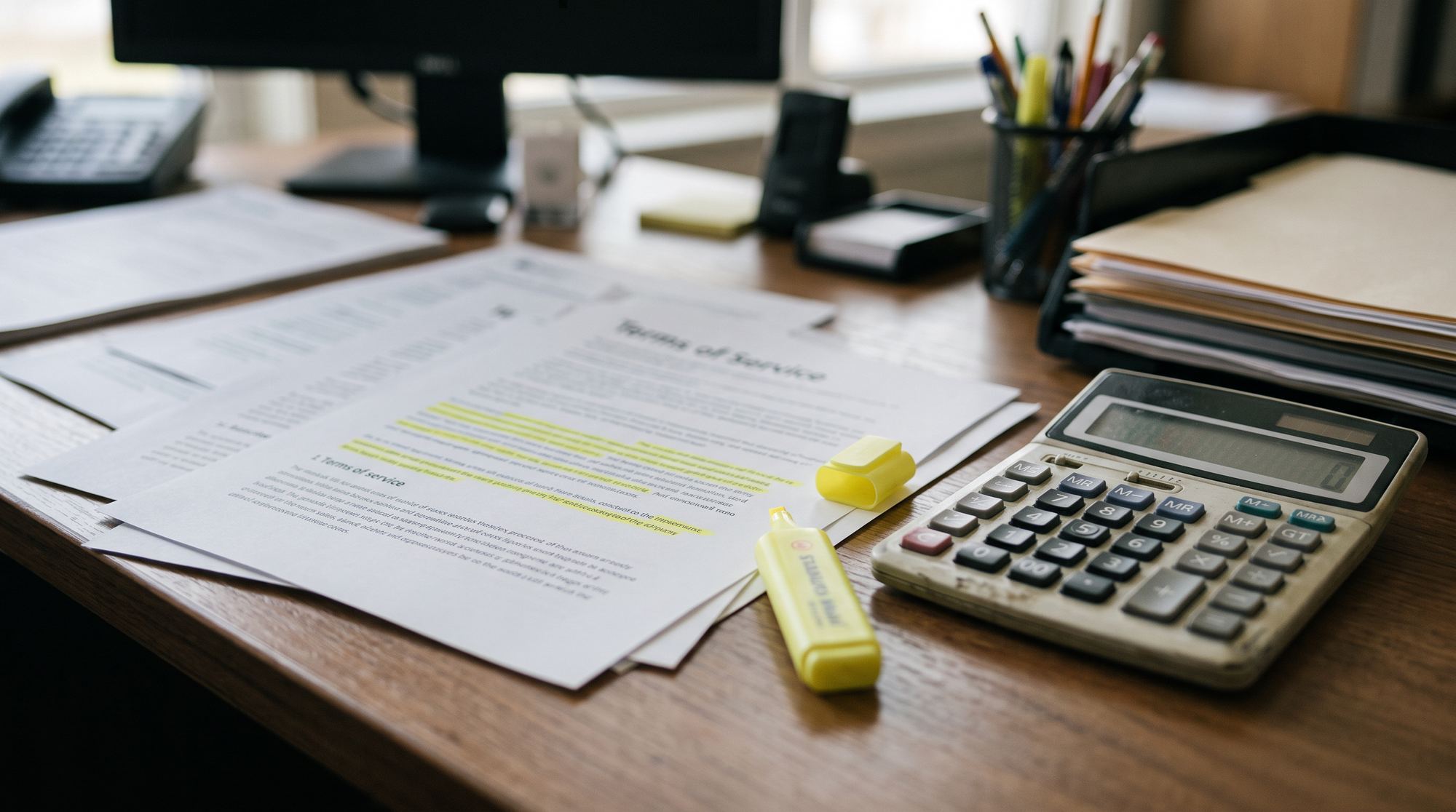 Printed terms of service pages marked with a yellow highlighter beside a desk calculator