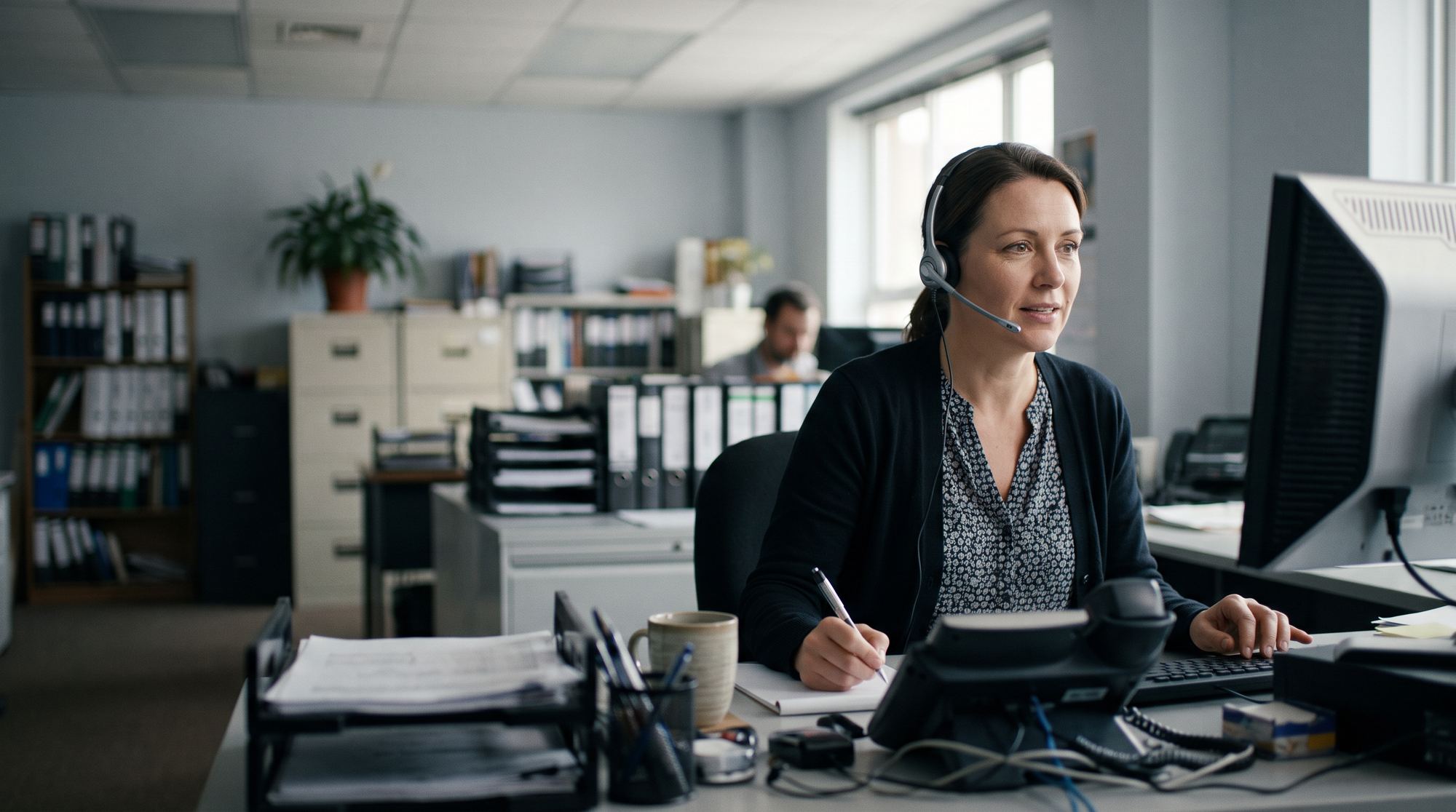 A receptionist wearing a headset while working at an office desk