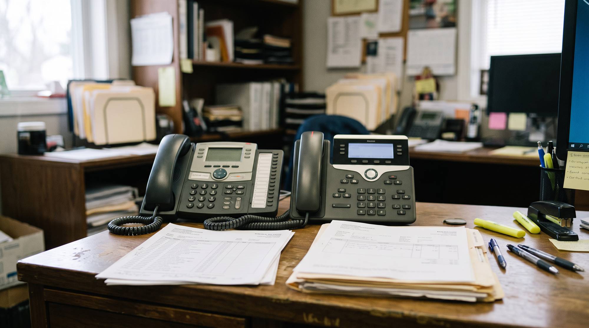 Two desk telephones beside printed call records