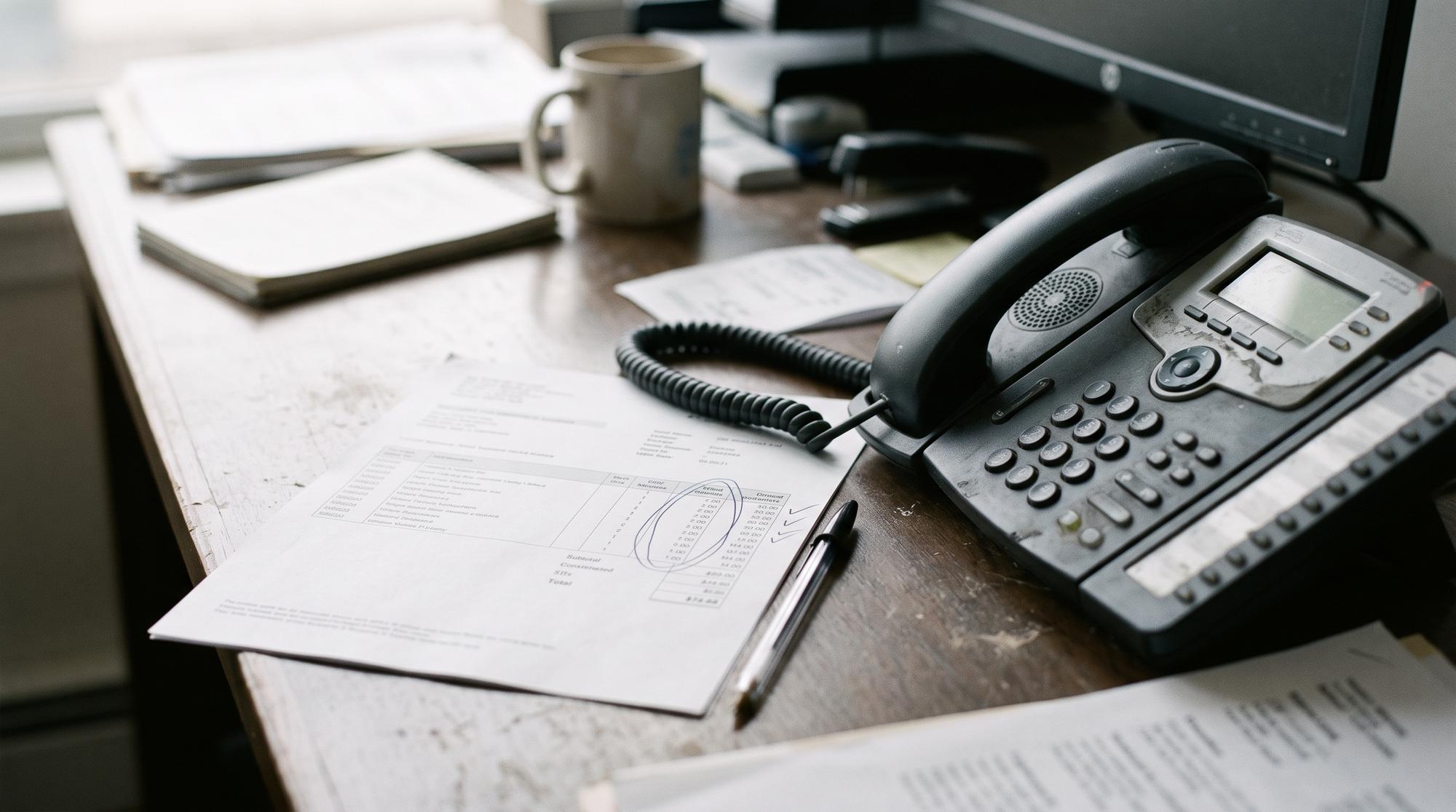 A printed service bill beside a desk phone and pen